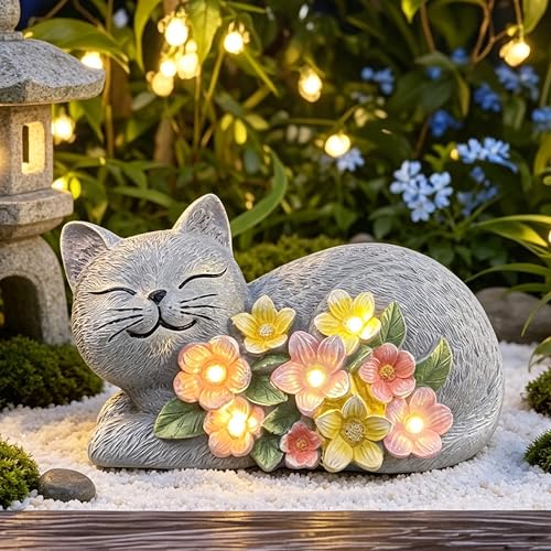 Solar Cat Garden Statue, Resin Solar Cat Lights for Outside - color: Gray With Colorful Flowers--lying Cat