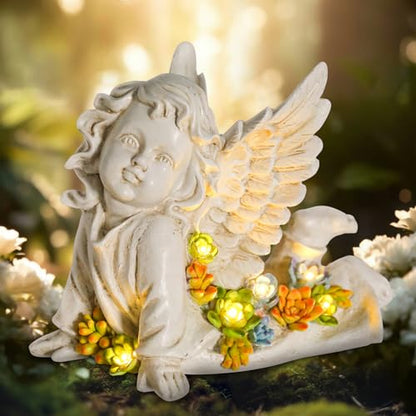 Garden Angels Outdoor Statue, Solar Cherub Baby Angel with Succulent | 7'' Resin Angel Statue with Warm Glow, Memorial Angel Figurines Gardening Gifts for Mother Grandma Yard Patio Lawn Decoration - style: Playful Cherub