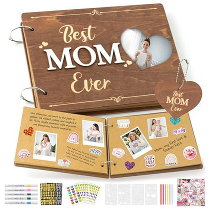 CY2SIDE Best Mom Ever Album Scrapbook - Mother’s Day Wooden Scrapbook Craft Kit, DIY Photo Memories Book with 30 Brown Pages Birthday Gift for Mother’s Day, DIY Handmade Scrapbook Gift for Mom Grandma - style: Best Mom Ever