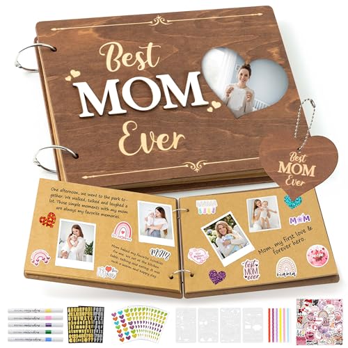 CY2SIDE Best Mom Ever Album Scrapbook - Mother’s Day Wooden Scrapbook Craft Kit, DIY Photo Memories Book with 30 Brown Pages Birthday Gift for Mother’s Day, DIY Handmade Scrapbook Gift for Mom Grandma - style: Best Mom Ever