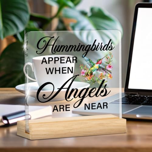 Loss of Loved One Sympathy Gifts, Bereavement Memorial Gifts for Women Men, Hummingbirds Appear When Angels Are Near Acrylic Plaque Sign with Wooden Stand Home Decor0605