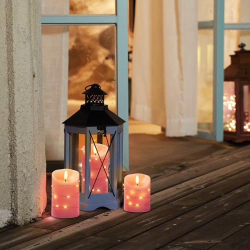 Homemory Flameless Candles with String Lights, 3 Pack Embedded Fairy String Lights LED Candles, Electric Flickering Candles with Remote Control and Timer, Real Wax, Pink - color: Pink