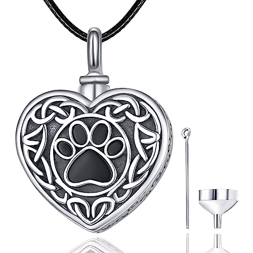 Dreamboat Pet Urn Necklace for Dog Cat Ashes 925 Sterling Silver Paw Print Cremation Keepsake Pendant Celtic Knot Memorial Jewelry Gifts for Women Men - style: 03A-Heart (Silver)
