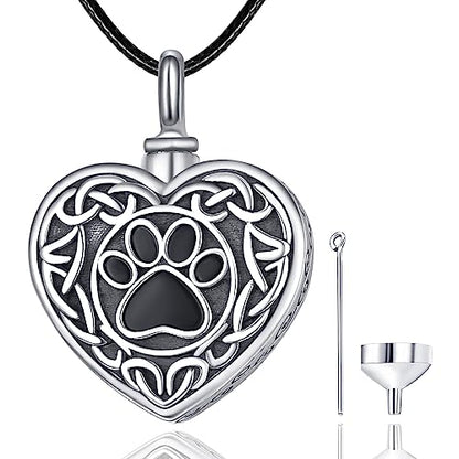 Dreamboat Pet Urn Necklace for Dog Cat Ashes 925 Sterling Silver Paw Print Cremation Keepsake Pendant Celtic Knot Memorial Jewelry Gifts for Women Men - style: 03A-Heart (Silver)