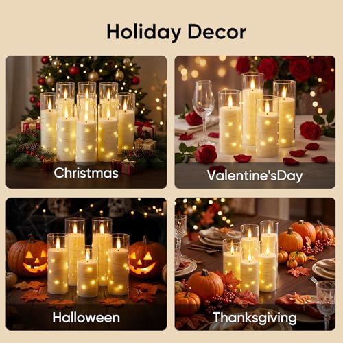 Homemory Flameless Candles with Remote Timer, Clear Acrylic Flickering LED Pillar Candles with Embedded Fairy String Lights, Battery Operated Candles for Wedding Fireplace Lantern Home Decor, Set of 9 | Battery operated flickering LED pillar candles, dual