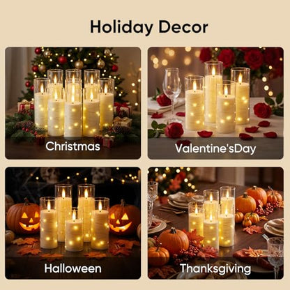 Homemory Flameless Candles with Remote Timer, Clear Acrylic Flickering LED Pillar Candles with Embedded Fairy String Lights, Battery Operated Candles for Wedding Fireplace Lantern Home Decor, Set of 9 | Battery operated flickering LED pillar candles, dual