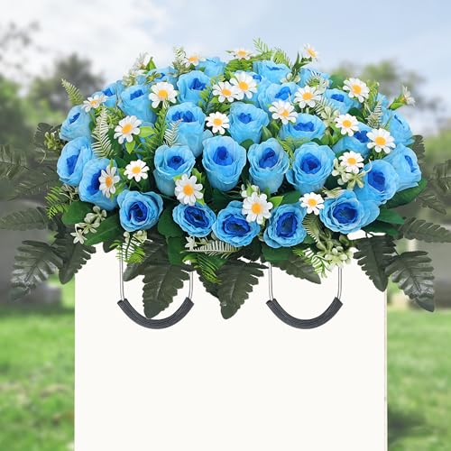 Lodou Artificial Cemetery Flower Saddle – Artificial Rose Memorial Flowers, Flower Saddles for Graves– for Headstone Decorations on Memorial Day, Christmas, Valentine’s Day ﻿ (Blue) - color: Blue