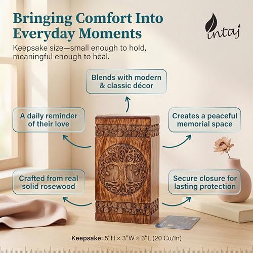 Wooden Cremation Urn for Human Ashes, 20 Cu in, Keepsake, Rosewood | Hand-carved solid sheesham rosewood, screw-locked sliding base, engraving available, holds a small share of ashes, to 20 lb - color: Rosewood, size: Keepsake - 3.50Hx2.00W (6.50 Cu/In)
