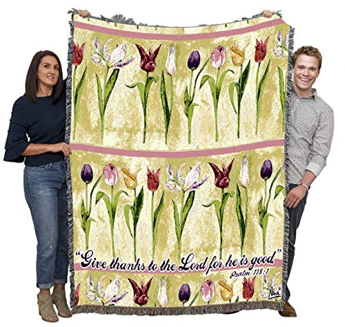Pure Country Weavers Tulips Blanket by Nina Herold - Scriptures - Psalm 118:1 - Religious Garden Floral Gift Tapestry Throw Woven from Cotton - Made in the USA (72x54) - color: Psalm 118:1 Tulips, size: 72" x 54"