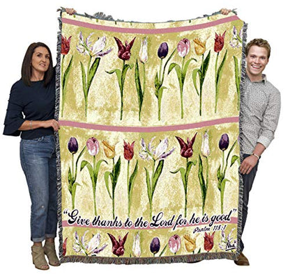 Pure Country Weavers Tulips Blanket by Nina Herold - Scriptures - Psalm 118:1 - Religious Garden Floral Gift Tapestry Throw Woven from Cotton - Made in the USA (72x54) - color: Psalm 118:1 Tulips, size: 72" x 54"