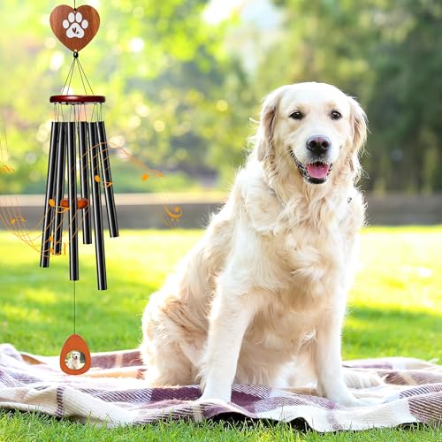 Dog Memorial Wind Chimes - 36'' Pet Memorial Gift with Wooden Base, Pawprint Ornament & Keychain, Sympathy Bereavement Gift for Loss of Pet, Remembrance for Garden Patio