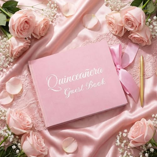 Panelee Velvet Quinceañera Guest Book with Pen Pink Sign in Log with Bow 15 Year Anos Quince Book 144 Page Signature Guest Sign in Keepsake Album for Birthday Party Keepsake Gift - color: Pink
