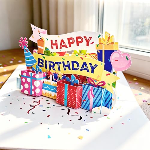 3D Pop Up Birthday Card, Colorful Happy Birthday Greeting Card with Gift Box & Party Banner Design, Unique 3D Birthday Card for Women, Men, Kids, Friends & Family - Ideal for Birthday Celebrations & Party Favors