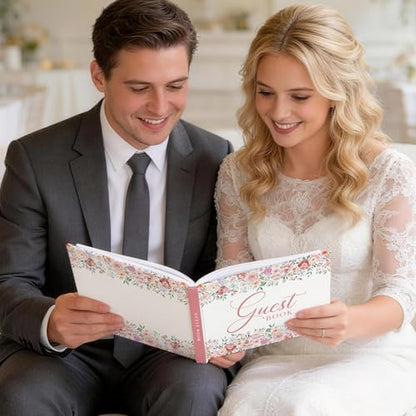 EVERLORIA Wedding Guest Book, Leather Guest Sign in Book, 108 Blank Pages Signature Polaroid Guestbook for Wedding Reception Anniversary Bridal Baby Shower Birthday Quinceanera Graduation, 9"x7" - color: Floral D