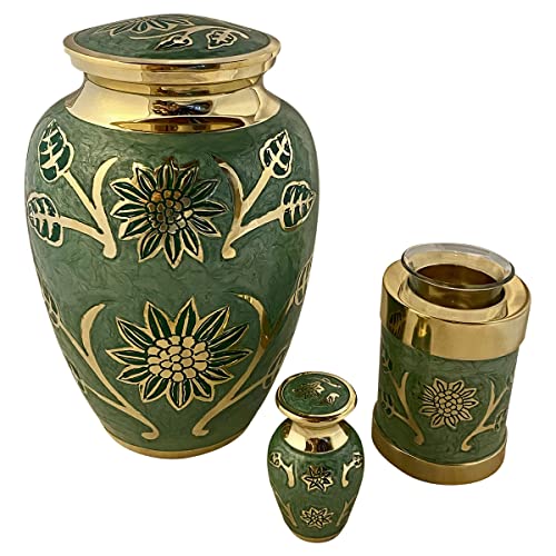 Green Garden Brass Large Cremation Urn | Unique Brass Funeral Urn with Gold & Green Enamel Details | Large - size: Adult