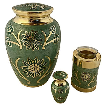 Green Garden Brass Large Cremation Urn | Unique Brass Funeral Urn with Gold & Green Enamel Details | Large - size: Adult
