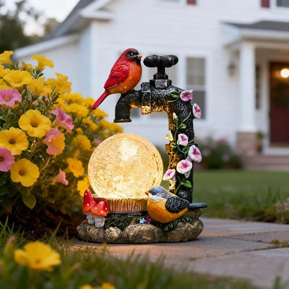 TERESA'S COLLECTIONS Cardinal Garden Decor and Solar Light Glass Ball 6" | LED Light, Cute Cardinal and Faucet , Waterproof Resin Garden Statues, Birds Decor Gifts, Birthday Gifts for Women Mom, - size: Medium