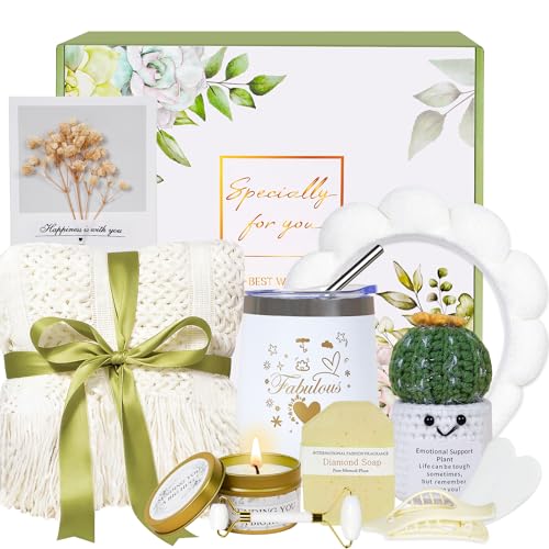 Mother's Day Gift Basket for Women, 11-Piece Self Care Spa Gift Set with Cozy Blanket in Elegant Gift Box, Thinking of You, Get Well Soon and Sympathy Gifts for Mom, Wife, Sister