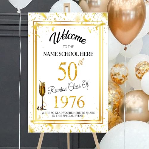 Personalized 50th Reunion Welcome Sign, Gold Confetti on White, High School & College Reunion Plastic Board - color: Version 1