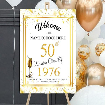 Personalized 50th Reunion Welcome Sign, Gold Confetti on White, High School & College Reunion Plastic Board - color: Version 1