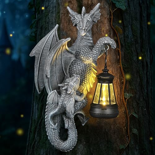 Solar Dragon Decor Tree Hugger Statue | Outdoor Garden Statue with LED Light for Yard, Patio, Balcony | Fantasy Dragon Figurine for Trees, Walls, Fences | Unique Gift for Women, Men & Mom - size: Dragon Hugger
