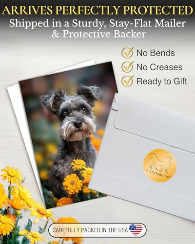 Schnauzer with Yellow Flowers All Occasions Greeting Card from Unique Dogs Party Delights Collection Large 5x7 Inch Blank Inside with Envelope | 5x7 Inch Card, Blank Inside, Premium Silk Cardstock, Made in USA by USA-Based Pet Friendly Small Business, by