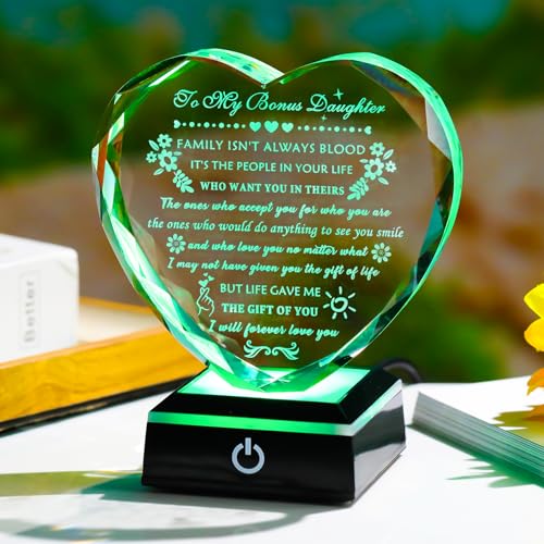 YWHL Bonus Daughter Gifts from Mom Dad Birthday Gifts for Bonus Daughter | Heart Shaped Crystal Keepsake with Colorful Base To My Bonus Daughter Stepdaughter Gifts on Christmas Graduation Valentine's - color: Bonus Daughter Gifts