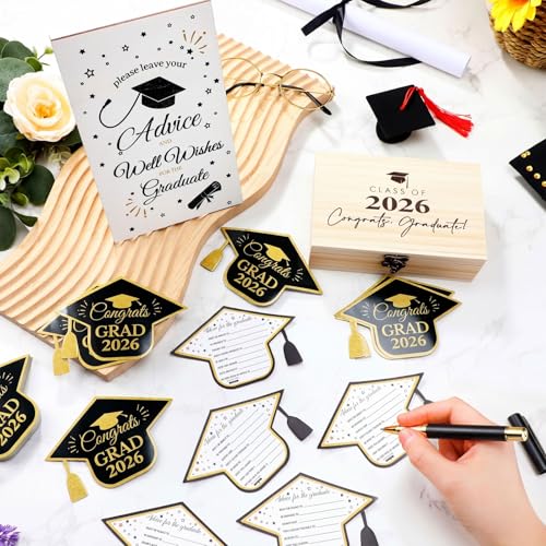 Gersoniel Graduation Advice Cards Class of 2026 Congrats Grad Wood Box Advice and Wishes Wooden Table Sign with Pens 60 Pcs Graduation Games Cards Grad Party Keepsake Decorations for 2026 Graduate