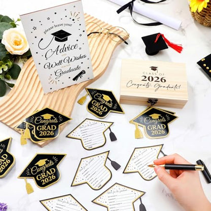 Gersoniel Graduation Advice Cards Class of 2026 Congrats Grad Wood Box Advice and Wishes Wooden Table Sign with Pens 60 Pcs Graduation Games Cards Grad Party Keepsake Decorations for 2026 Graduate