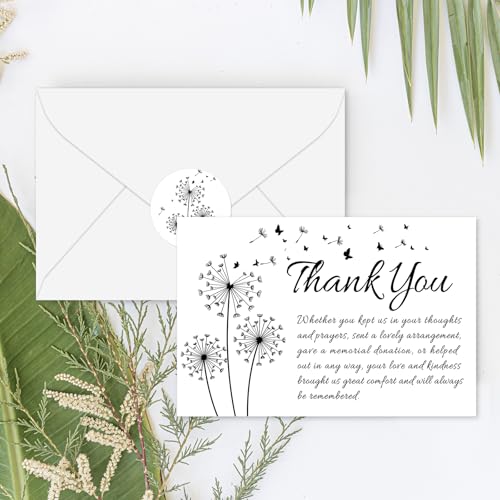 FYSUIMU 50Pcs Funeral Thank You Cards Bulk Boxed Black Dandelion Sympathy Thank You Cards with Sticker Envelope Bereavement Card for Memorial Service Loved Ones Celebration of Life - style: Dandelion