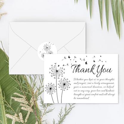 FYSUIMU 50Pcs Funeral Thank You Cards Bulk Boxed Black Dandelion Sympathy Thank You Cards with Sticker Envelope Bereavement Card for Memorial Service Loved Ones Celebration of Life - style: Dandelion