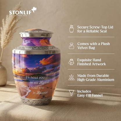 Footprint Cremation Urn for Human Ashes – Large Adult Aluminum Memorial Funeral Urn with Inspirational Quote, Decorative Burial Urn for Men & Women - size: Large Adult