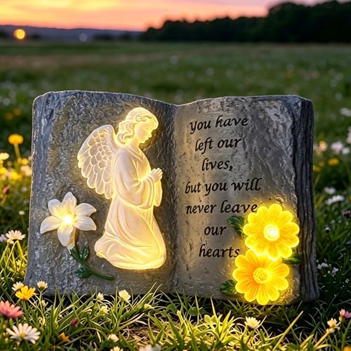 Solar Memorial Angel Statue Book Figurine Cemetery Yard Decor | Angel Sculpture Remembrance, Weatherproof Grave Decoration, Memorial Cemetery Yard Patio Decor, Sympathy Gift for Loved Loss - color: Book Angel Statues