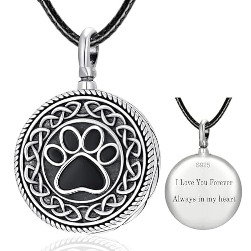 Dreamboat Pet Urn Necklace for Dog Cat Ashes 925 Sterling Silver Paw Print Cremation Keepsake Pendant Celtic Knot Memorial Jewelry Gifts for Women Men - style: 01B-Round (Silver Personalized)