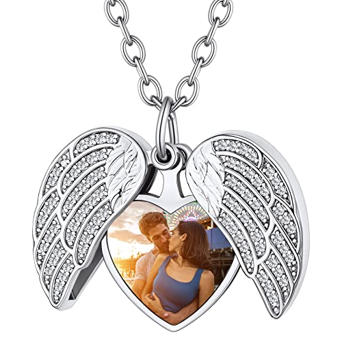 Custom4U Personalized Heart Locket Necklace with Pictures,Sunflower/Angel Wings/Heart Shaped Lockets Custom Photo,Gold/Rose Gold/White Lockets That Holds Picture,Customized Memorial Jewelry for Women - color: B-Angel Wings-Steel(Locket + Photo + Engraving