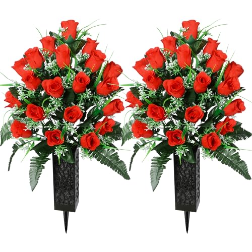 Artificial Cemetery Flowers for Grave, Artificial Rose Memorial Flowers with Vase for Cemetery Headstones Gravesites Decoration Long-Lasting Remembrance (Red) - color: Red