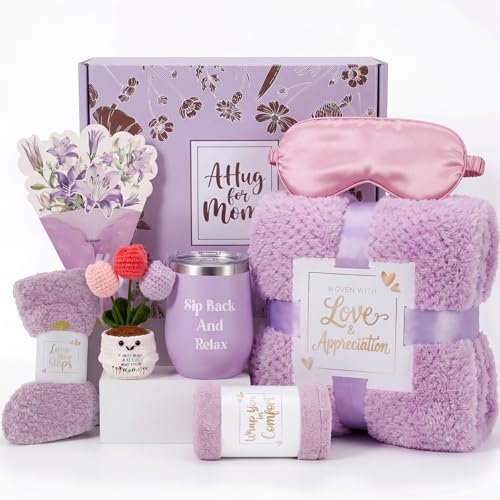Self Care Gift Basket for Mom with Flannel Blanket, Cup, Socks, Eye Mask, Shower Cap, Get Well Soon Care Package for Women Mom Wife Girlfriend Sister (Purple) - color: Purple