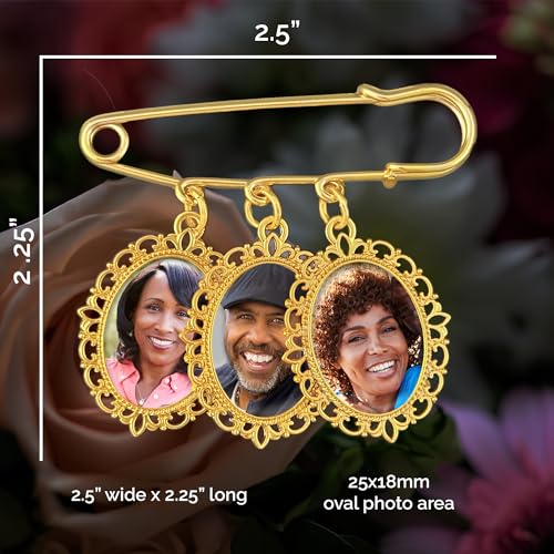 Gold Wedding Bouquet Photo Charm Memorial Pin for Bouquet 3 Pictures