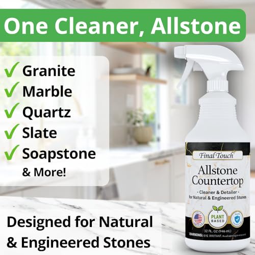 Final Touch AllStone Countertop Cleaner – Plant-Based Stone Safe Cleaning Spray with Scrub Brush – Daily Use Cleaner for Granite, Quartz, Marble, Kitchen Counters – Streak-Free Detail Clean