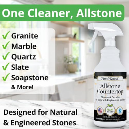 Final Touch AllStone Countertop Cleaner – Plant-Based Stone Safe Cleaning Spray with Scrub Brush – Daily Use Cleaner for Granite, Quartz, Marble, Kitchen Counters – Streak-Free Detail Clean