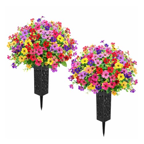 Cemetery Flowers for Grave with Vases, 2pcs Artificial Flowers Cemetery Decorations for Grave, Faux Bouquet Graveyard Memorial Flowers for Cemetery Decoration, Silk Funeral Floral - color: Colorful
