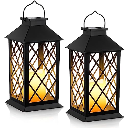 2 Pack Solar Hollow Lanterns Outdoor, Waterproof Patio Hanging Lanterns with LED Flickering Flameless Candle Lights, Decorative Solar Lantern for Porch, Garden, Patio, Yard, Table