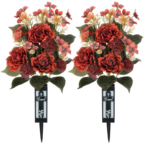 Fall Cemetery Flowers for Grave: with Vases, Burnt Orange, 2 Pcs - color: Burnt Orange