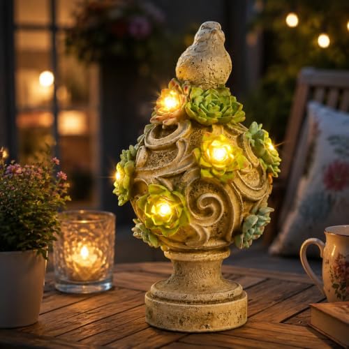 WONDER GARDEN Bird Statue with Solar Light, Resin Birds Figurines, Outdoor Dove Garden Statues, Waterproof Lawn Yard Patio Ornaments Statuary Decorations - color: Bird & Succulents