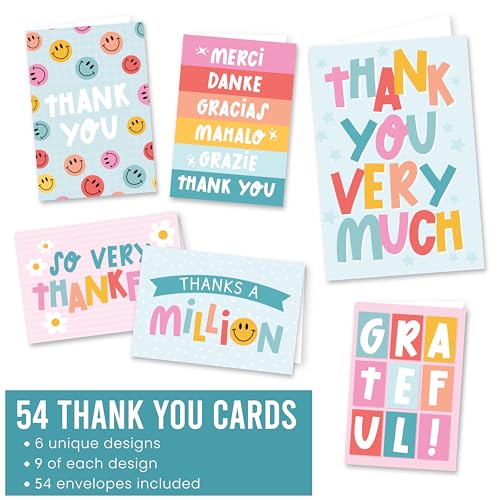 54 Bulk Thank You Cards with Envelopes Blank Cute Thank You Cards | Retro Colorful 5 x 3.5 Appreciation Card Birthdays, Baby Shower, Teacher, Small Business, Party Guests, Coworkers & Holidays - style: Retro Colorful 54 pcs