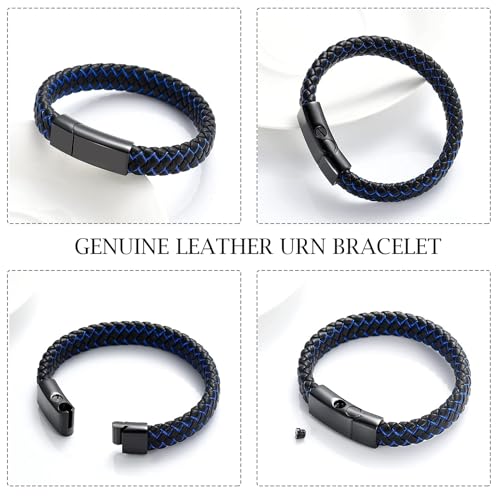 zeqingjw Cremation Memorial Urn Bracelet Made of Genuine Leather, Stainless Steel Cremation Bangle Keepsake Urn Bracelet for Ashes - color: Blue-20CM