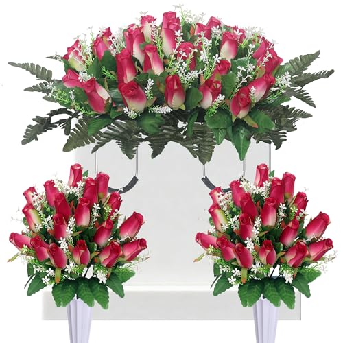 3 Sets Christmas Artificial Cemetery Flowers for Grave,Headstone Flower Saddle with 2 Memorial Rose Bouquets with Vases for Grave Tombstone Decorations (Rose Pink) - color: Rose Pink