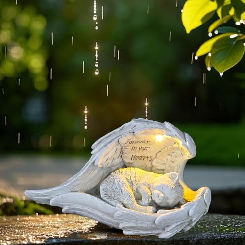 Angel Cat Memorial Statue with Solar Light Forever in Our Hearts Resin Pet Memorial Figurine Comforting Cat Angel Statue for Garden/Yard/Home | Solar Powered Night Light Gift for Pet Loss - color: White, size: Large