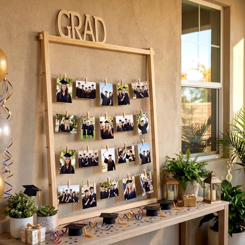 Cinnvoice Graduation Wooden Photo Display Board 30.4 x 26.5 Inch Grad Pictures Display Frame with 24 Clips Large Pictures Board for Graduation Party Hanging Photos Postcards Greeting Cards