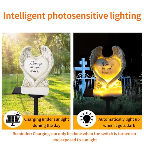 Solar Powered Love Angel Wing Light, Garden Decorative Resin Beautiful Valentine's Day Floor Light, Wireless Twilight to Dawn LED Lamp Waterproof.
